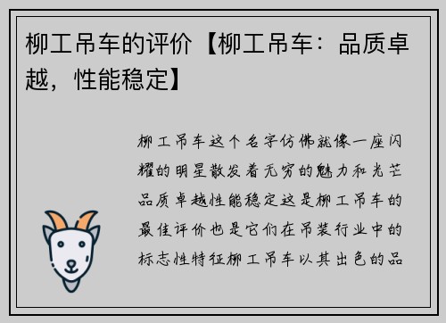 柳工吊车的评价【柳工吊车：品质卓越，性能稳定】