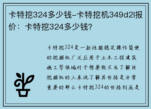 卡特挖324多少钱-卡特挖机349d2l报价：卡特挖324多少钱？