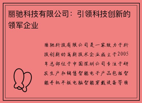 丽驰科技有限公司：引领科技创新的领军企业